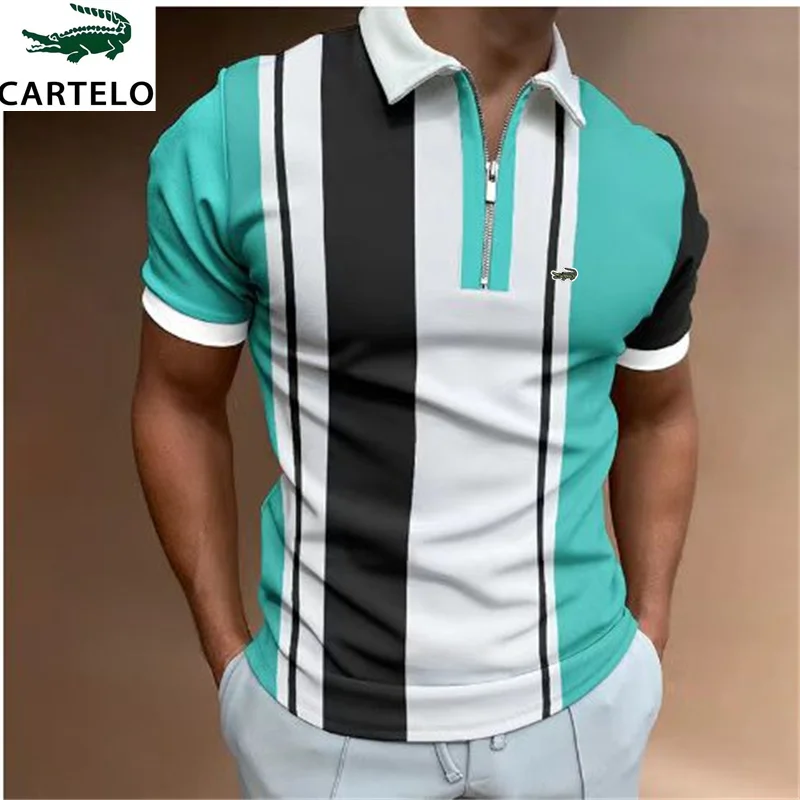 

Men Grid Printed Polo Shirts 2023 Summer High Quality Casual Daily Short Sleeve Striped Mens Shirts Turn-Down Collar Zippers Men