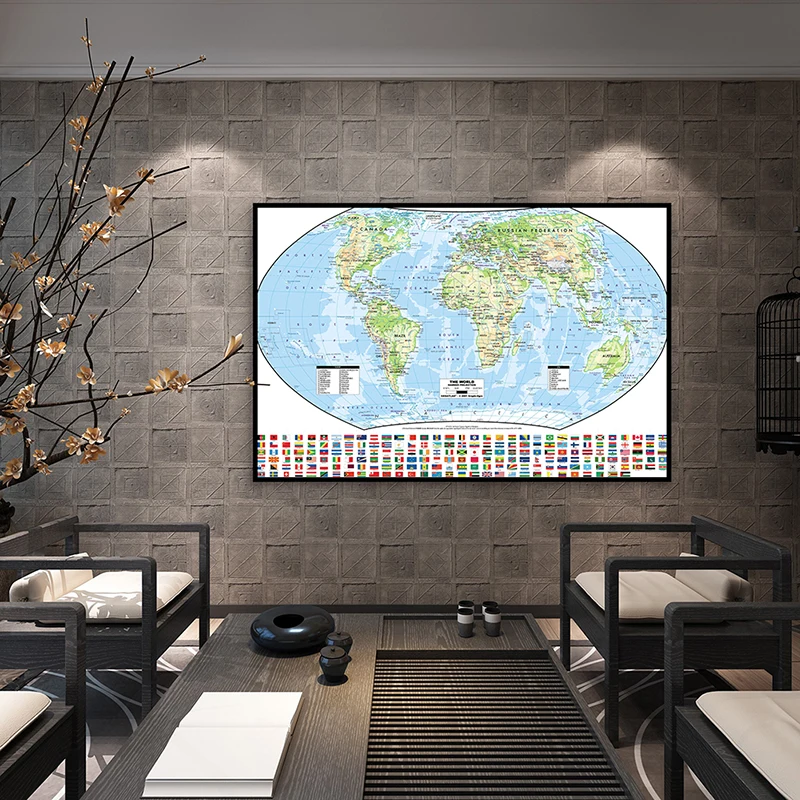 

The World Map with National Flags Non-smell Non-woven Canvas Painting 84*59cm Wall Art Prints Study Supplies Home Decoration