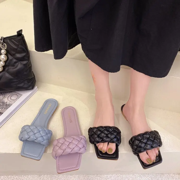 

Шлепанцы женские плетеные, сплошной цвет, открытый носок, пляжные сандалии, плоская подошва, повседневная обувь для отдыха