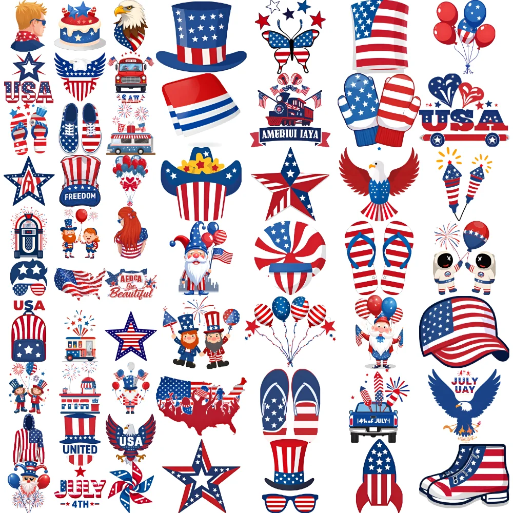 Фото Временные татуировки, звезды и полосы, 63 шт., водонепроницаемые долговечные наклейки для тела, колокольчик Свободы, американский флаг для детей и мальчиков №5
