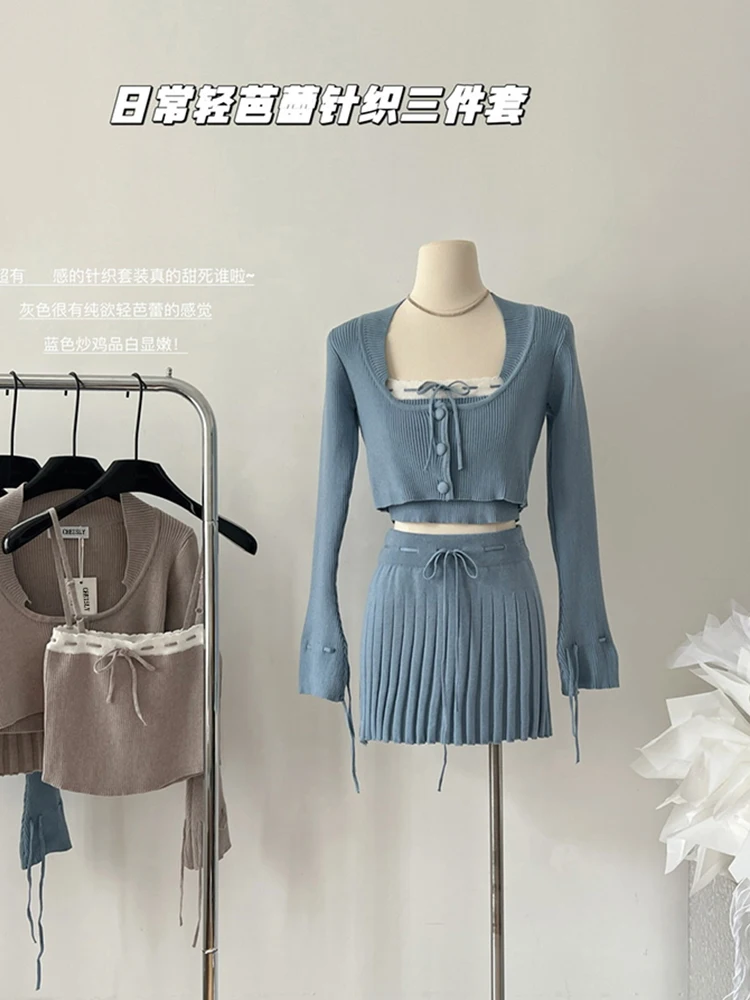 

High Quality Formal Occasion Fashion 3 Piece Set Sweet Bow Halter Top+Square Collar Knit Cardigan+Elastic Waist A-Line Skirt