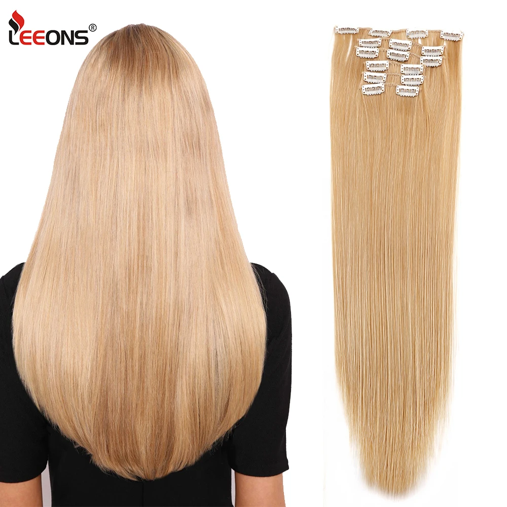 

Leeons Synthetic Hair Long Straight Hairstyles 6Pcs/Set 16 Clip In Hair Extension 22Inch Heat Resistant Hairpieces Brown Black