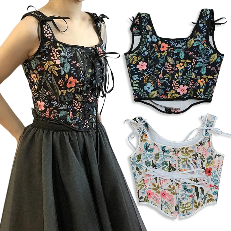 

White Black Floral Vintage Corset Women Lace-up Crop Tops Vest Sleeveless Bandage Tank Top Girl Sexy Chest Binder Camisole Sweet