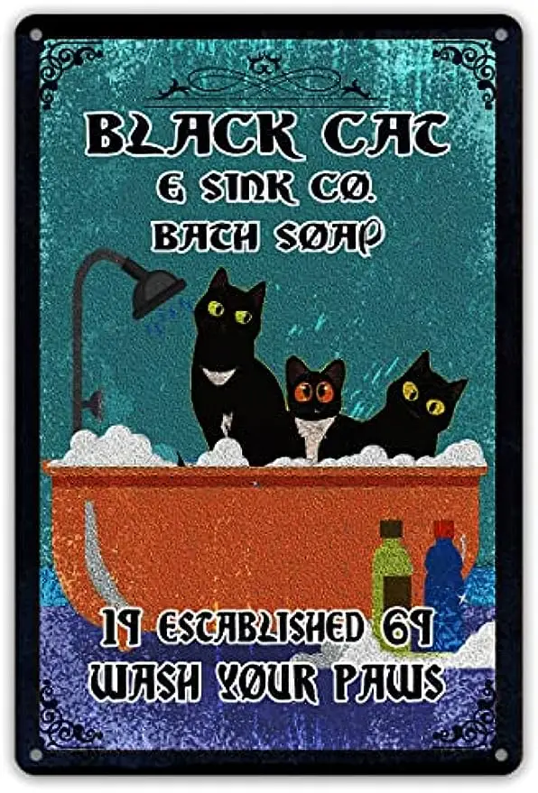 

Забавные черные коты и ванночка, металлический жестяной знак, настенный художественный декор в стиле ретро, Черный кот и раковина, мыло для мытья лап