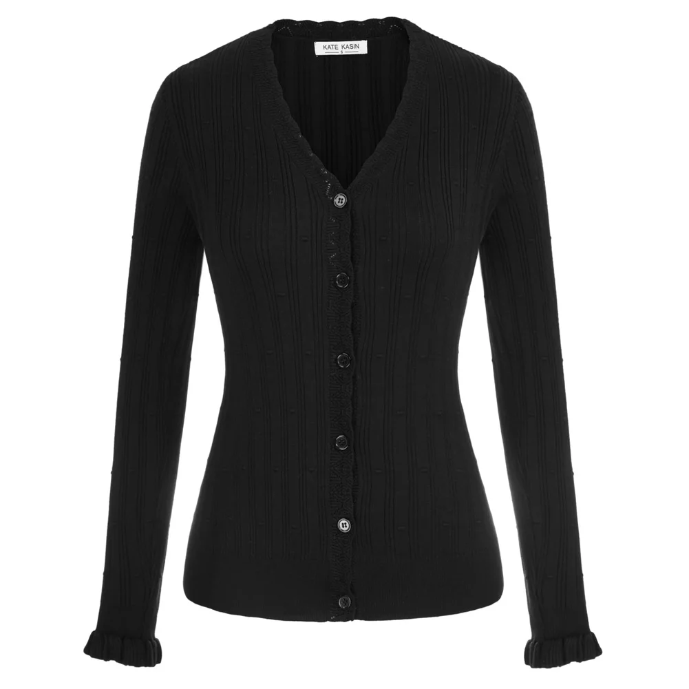 

KK Women Ribbed Hem Cardigan Long Sleeve V-Neck Button-up Knitwear Ruffles Trim Sweater Knit Cardigan Vintage Lady Outerwear A30