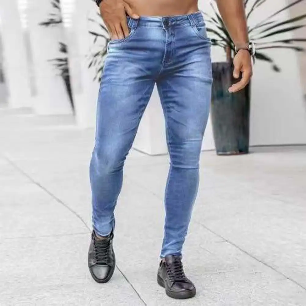 

Tear Resistant Trendy Straight Zipper Fly Jeans Male Pencil Pants Solid Color Streetwear