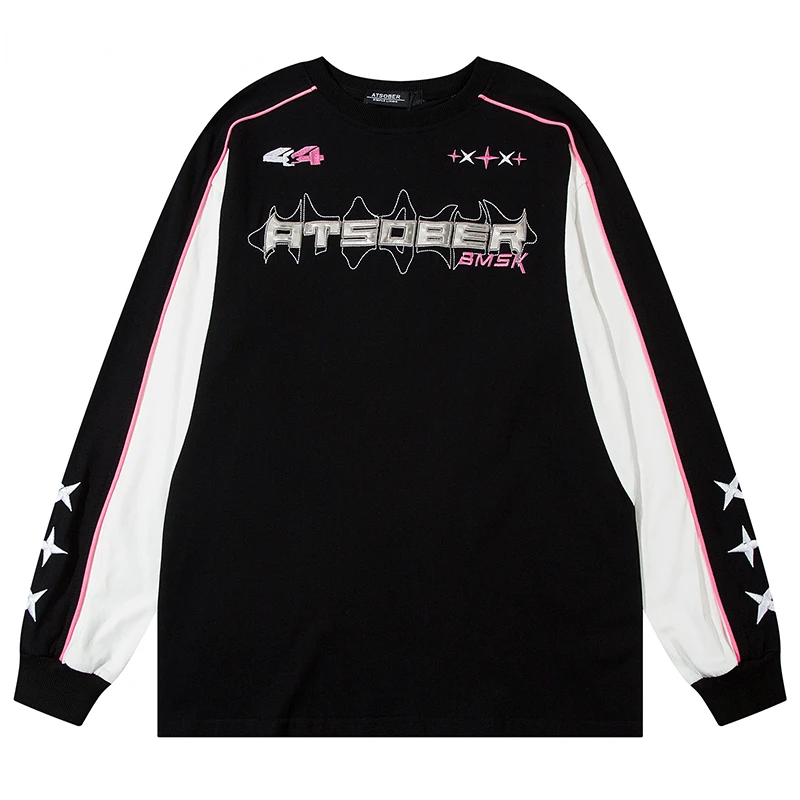 

Футболка мужская оверсайз с вышивкой, Спортивная рубашка в стиле хип-хоп, хлопковая уличная одежда в стиле пэчворк, осень