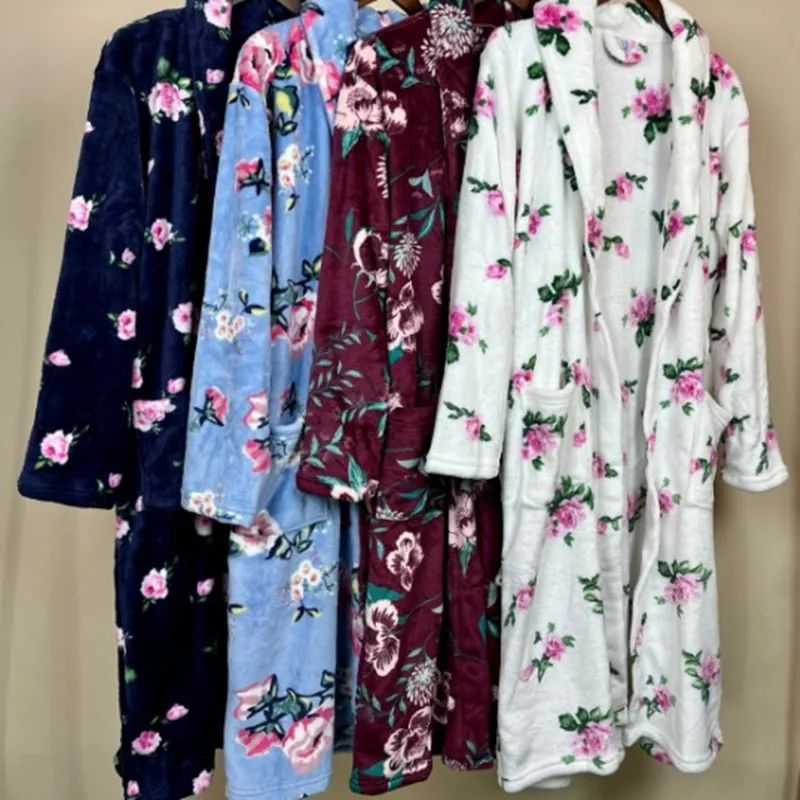 Women's Robe Flannel Nightgown In Winter Thickening Soft Warm Garden Flower Pajamas Nightdress
