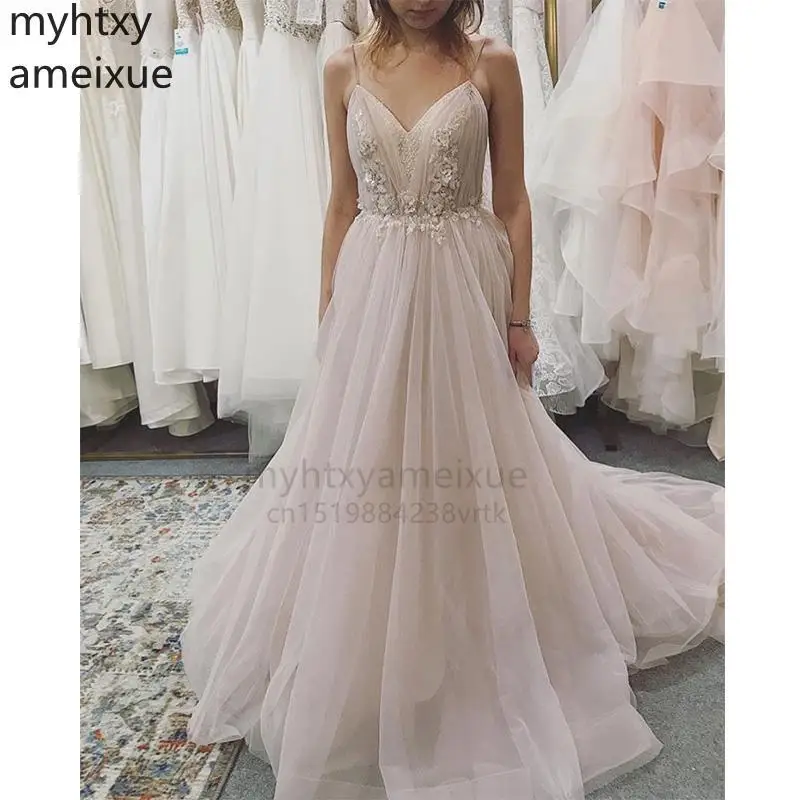

Hot Sale Pink V-neck Evening Dresses 2022 Long Formal Custom Party Pleats Tulle Spaghetti Straps Robe De Soiree Chapel Train