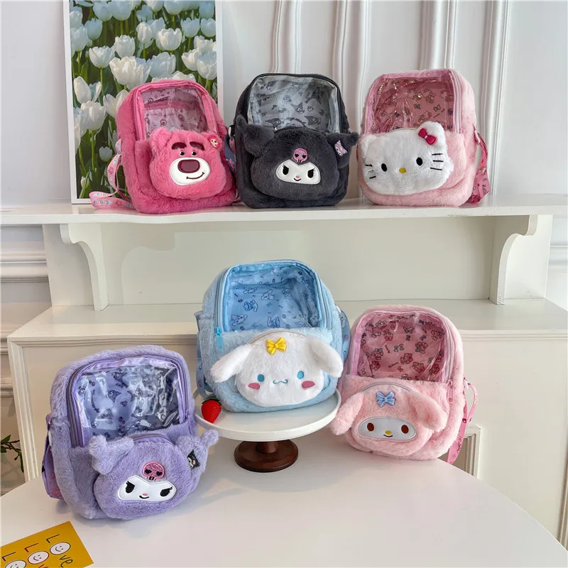 

Sanrios Kuromi Hello Kittys Kawaii плюшевый прозрачный рюкзак My Melody мультфильм аниме девушка сердце косметичка Детская сумка для закусок