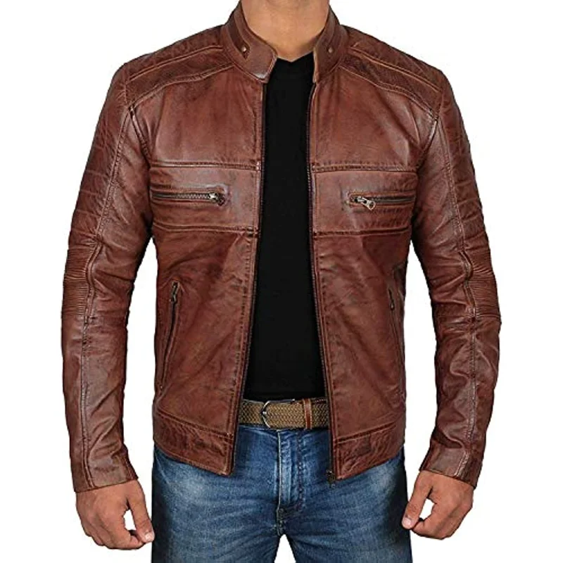 2022 Brown Leather Jacket Mens - Cafe Racer Real Lambskin Leather Distressed Motorcycle Jacket Mens Leather Jacket