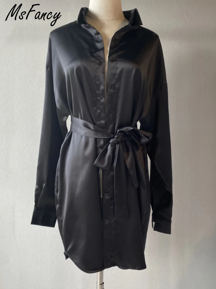 Черное платье-рубашка Msfancy женские атласные платья 2022 с длинным рукавом и