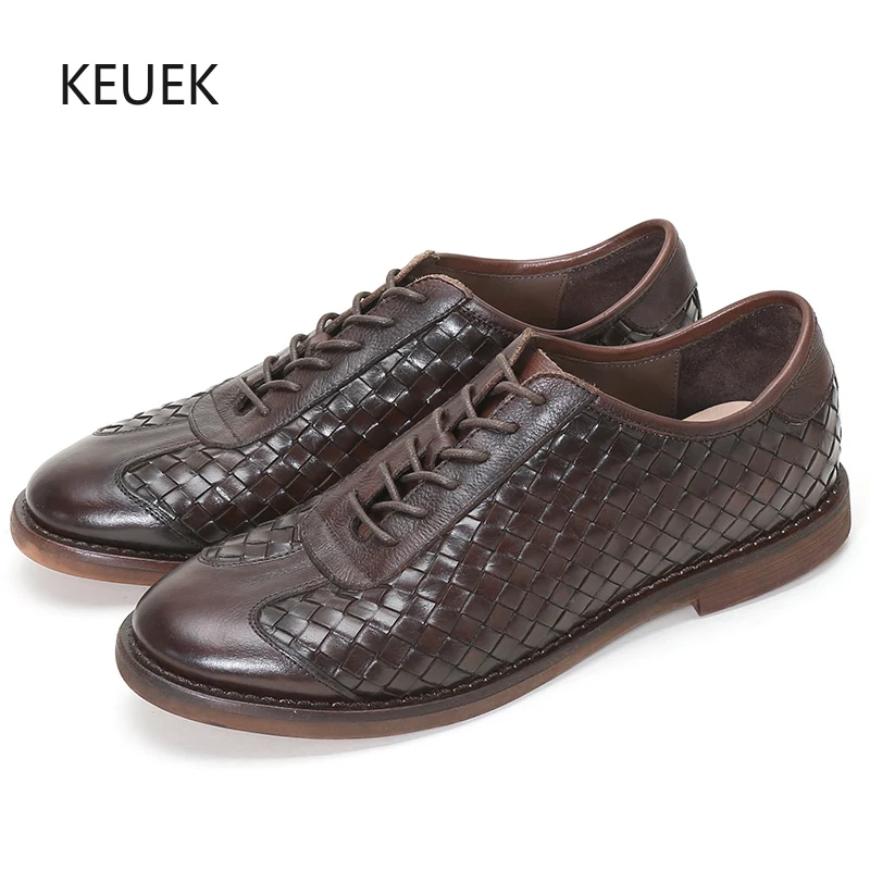 

New Design Genuine Leather Weave Casual Derby Business Shoes Men Oxfords Breathable Dress Office Sport Moccasins Male Flats 5A