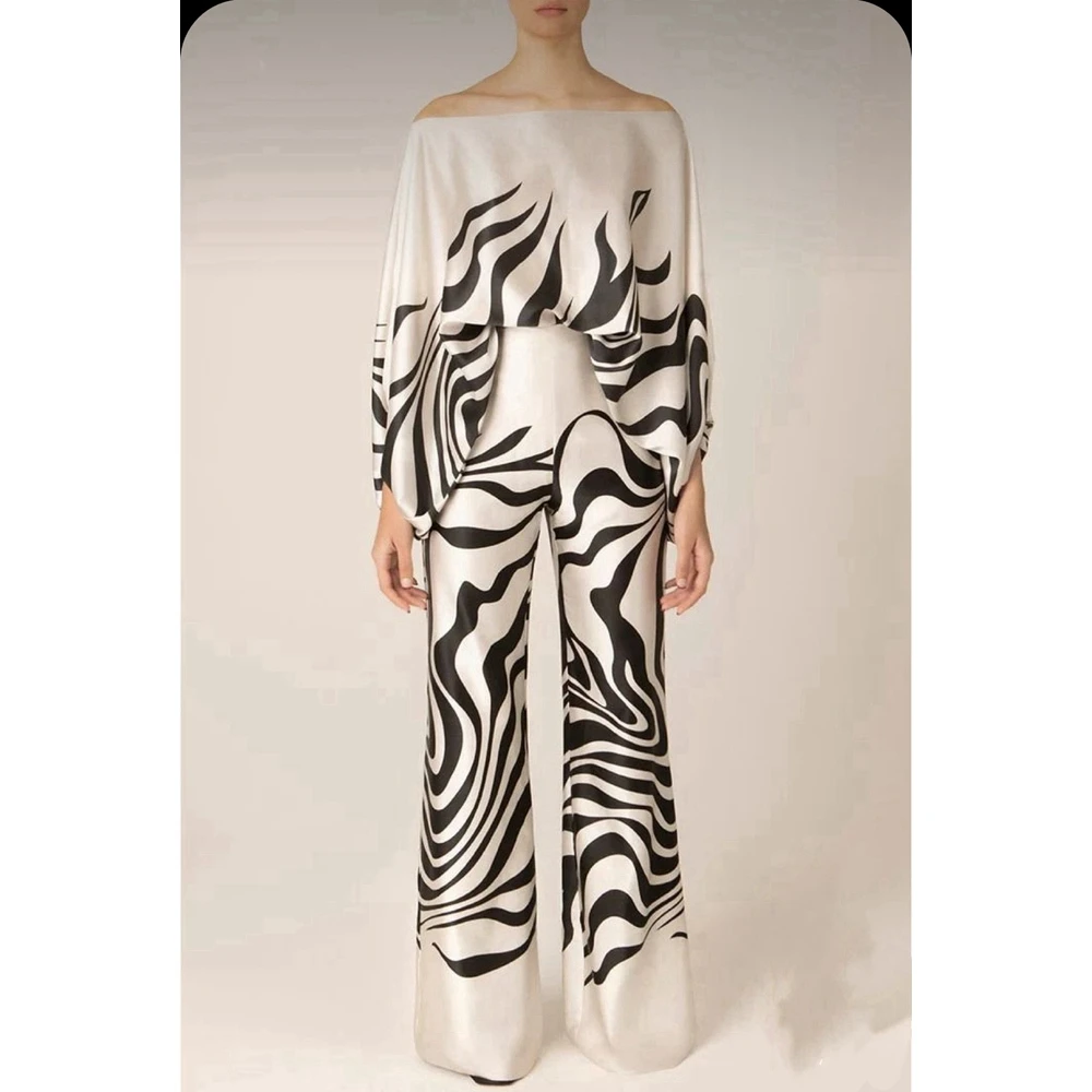 Women Fashion Casual Geometric Floral Print Off Shoulder Long Sleeve Top & Wide Leg Pant Sets Elegant Two-piece Set Streetwear