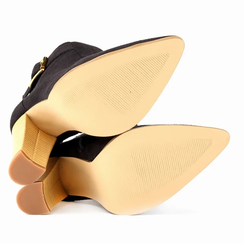 Зима-Осень модные женские ботильоны пикантные туфли на толстом высоком каблуке с