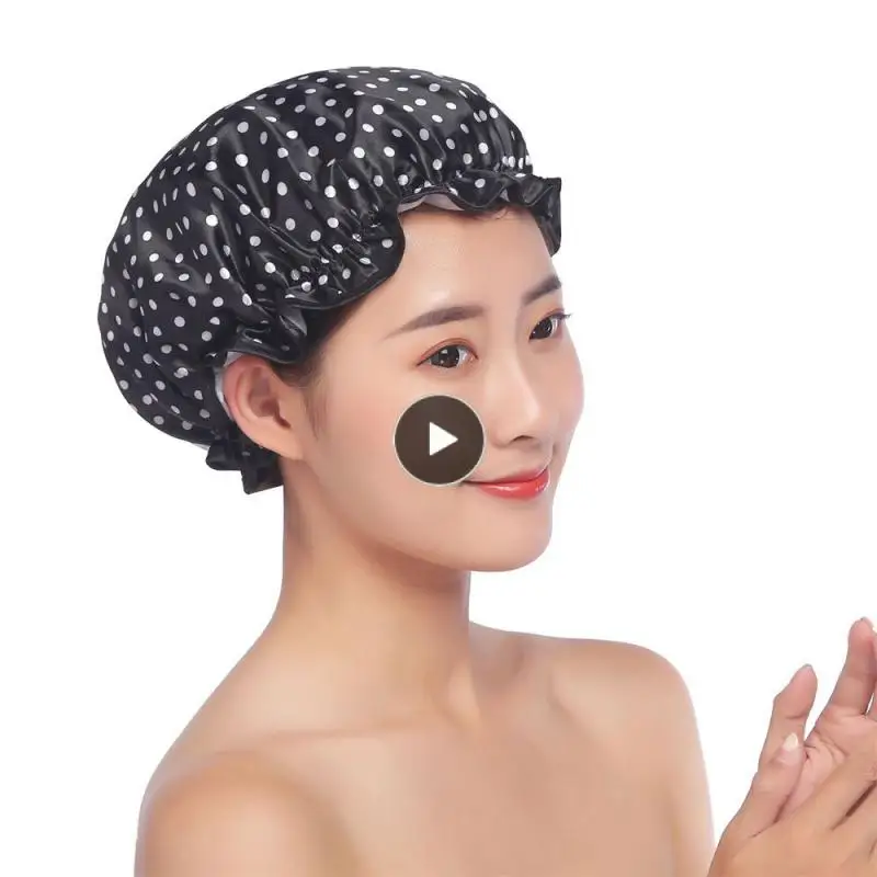 

Korean Version Double Layered Dice Recyclable Waterproof Shower Cap Oil Fume Prevention Bathing Cap Thickened Lace Satin Fabric