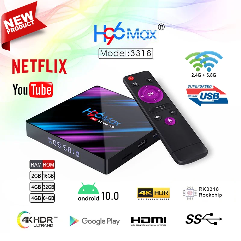 

2021 H96 MAX RK3318 Smart TV Box Android 10.0 2GB 4GB/16G 32G 64G 4K Google Youtube Media Player Set top box Support PP TV