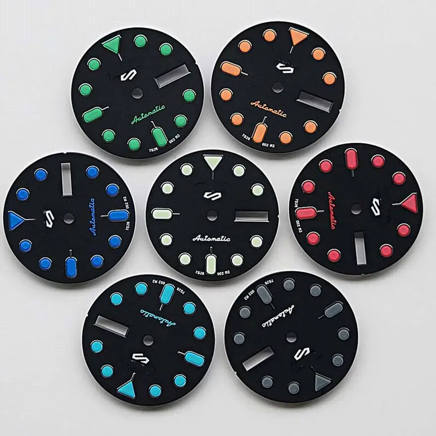 Watch accessories dial black colored nails with green luminous for nh35/36 men's mechanical watches modified 28.5 mm  Date-day