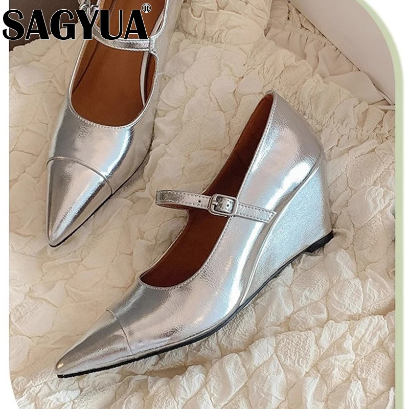 Сексуальная женская обувь на танкетке с острым носком кожаные сандалии высоком