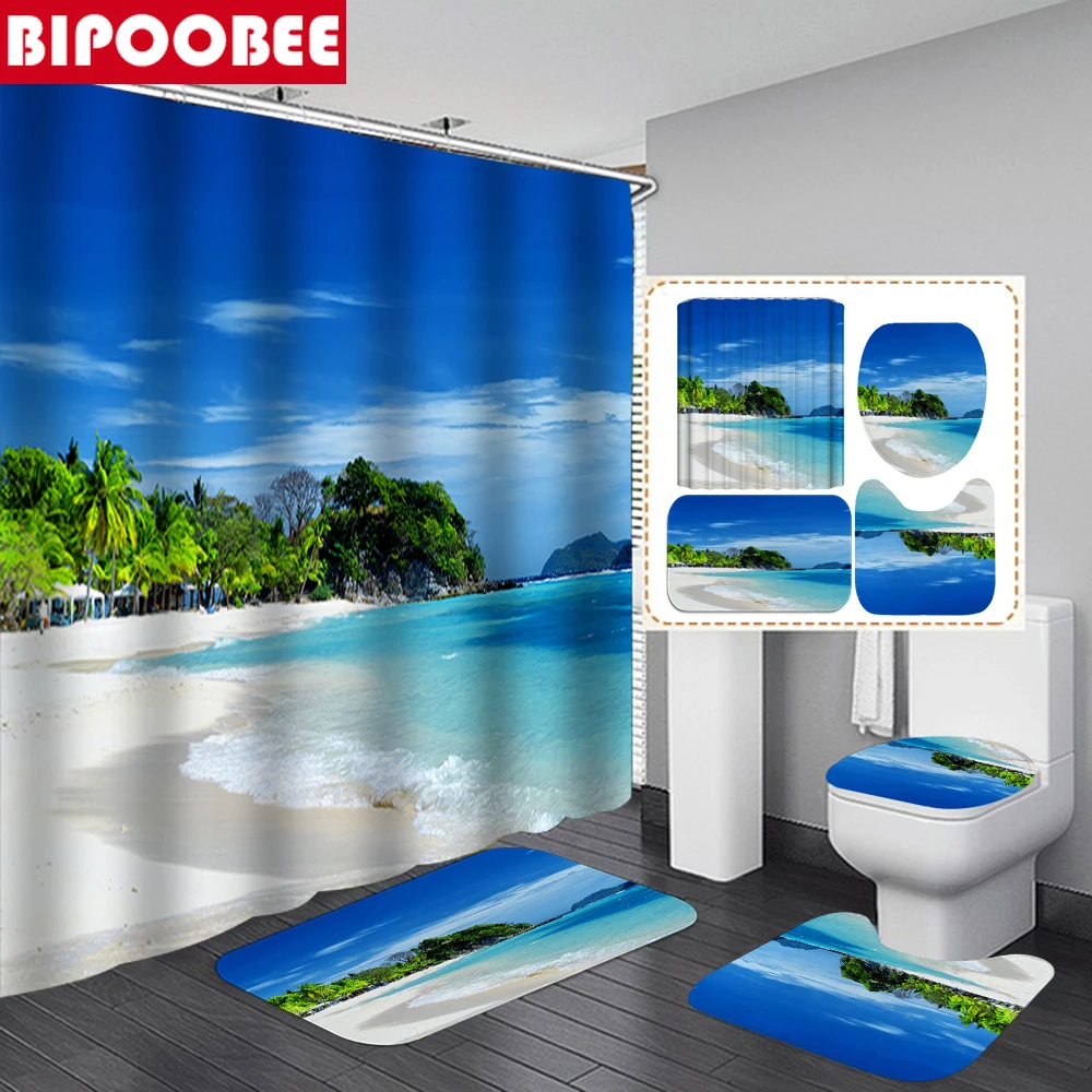 

Seaside Beach 3D Bathroom Shower Curtains Sea Ocean Bath Curtain Toilet Cover Lid Non-slip Mats Pedestal Rugs Home Decor