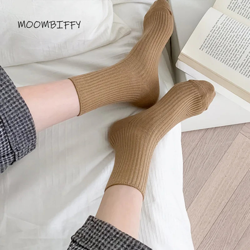 

Autumn Winter Tube Socks Female Coffee Color Vertical Stripes Piled Pile Sock Coffee Color Simple Brown All-match Neutral Socks