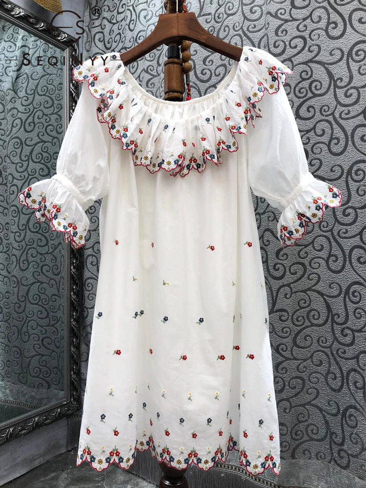 

Женское платье с цветочной вышивкой SEQINYY, белое мини-платье из 100% хлопка с оборками, лето-весна