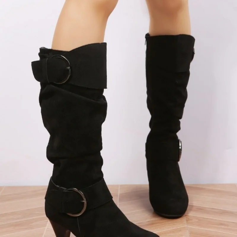 Plus Size 43 2023 Knee High Boots Women's Fall Artificial Suede Fashion Pointed High Heels Women's Shoes Winter