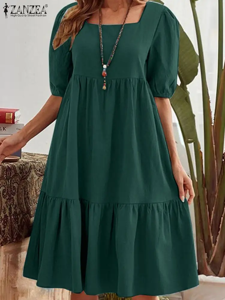 

2023 ZANZEA Summer Women Elegant Square Neck Sundress Casual Party Midi Vestido Kaftan Bohemian Short Sleeve Holiday Beach Dress