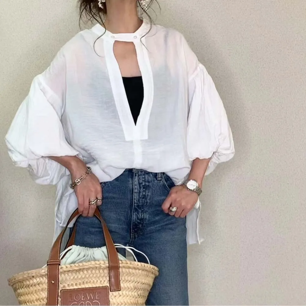 

Women Blouse Slender Reversible Shirt V-neck Puff Sleeve All-match Blouse Korea Japan Elegant Chic 2022 Summer New Ladies Top