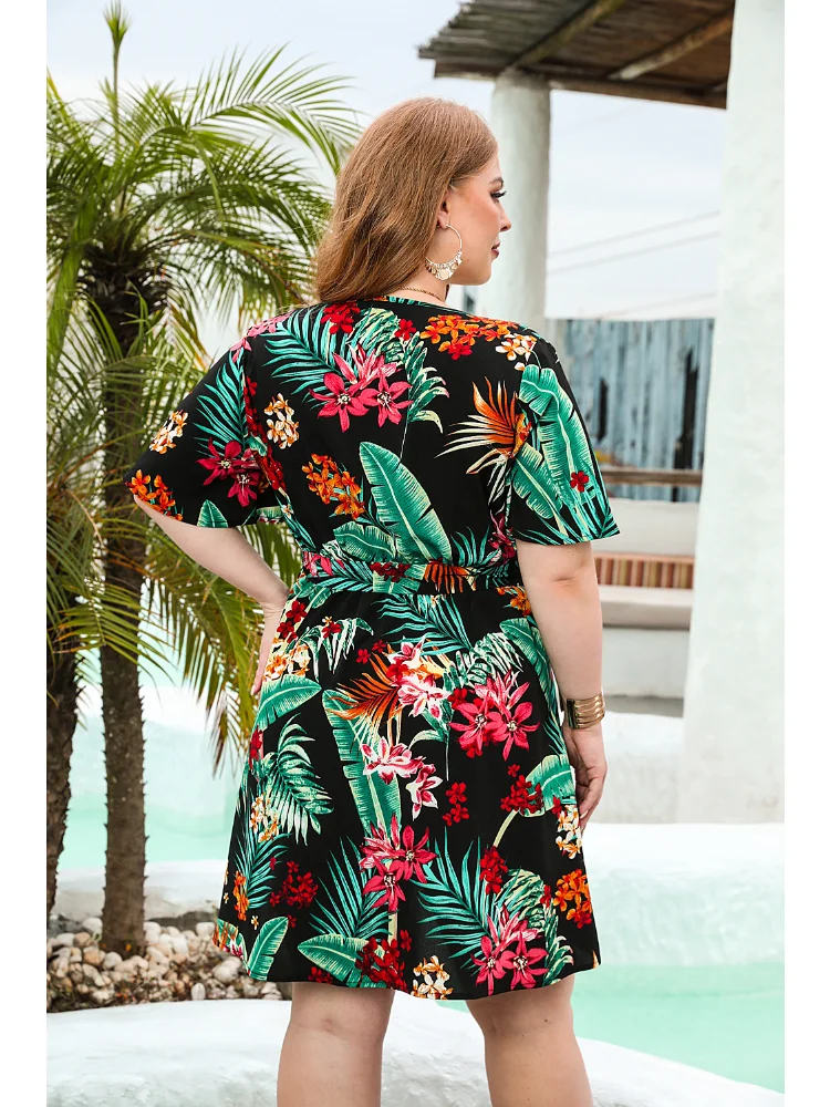 Flower Print Leisure Holiday Dress Bohemian Beach Tourism V-Neck Lace Dress Plus Size Women's Dress