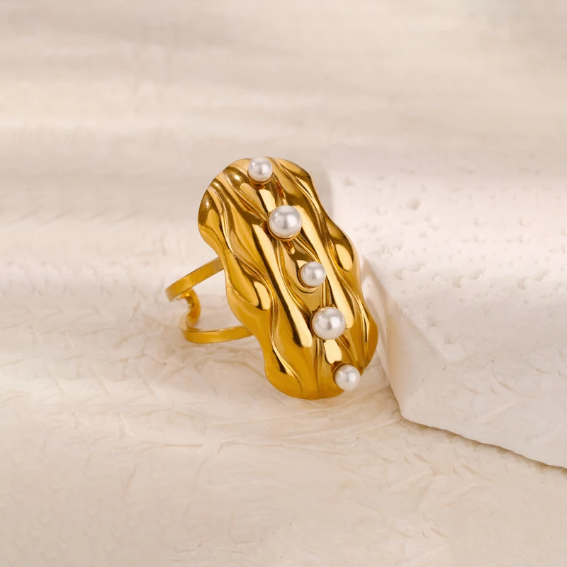Elegant Imitation Pearl Geometric Rings for Women Stainless Steel Gold Color Adjustable Ring Wedding Band Jewelry Christmas Gift