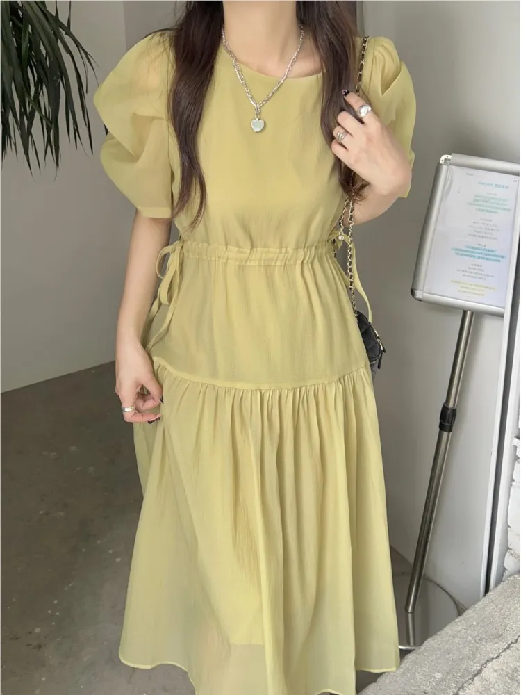 

Fashion Summer Women Elegant Lace Up Midi Dresses Party Clothes Lady Casual Korea Style One Piece Robe Vestidos