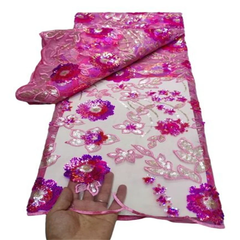 

2023 Pink African Lace Fabric royal blue With 3D Flower Mix Sequins Mesh Lace Sew Clothes Traditional Wear Evening Gown