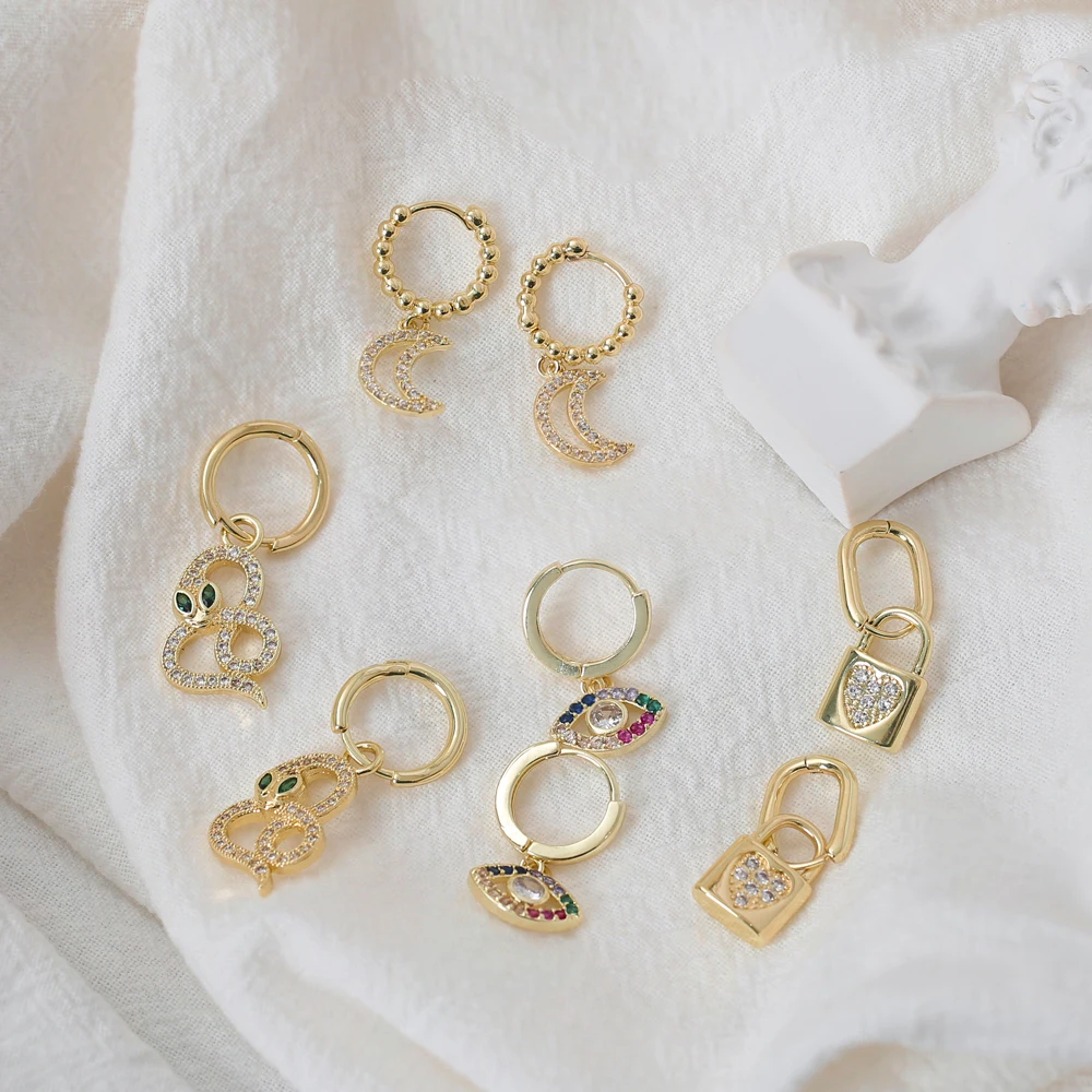 

WeSparking EMO Gold Plated Brass Earrings Zircon Charm Heart Lock Eyes Moon Snake Pendant Drop Huggie Earrings Free Shipping