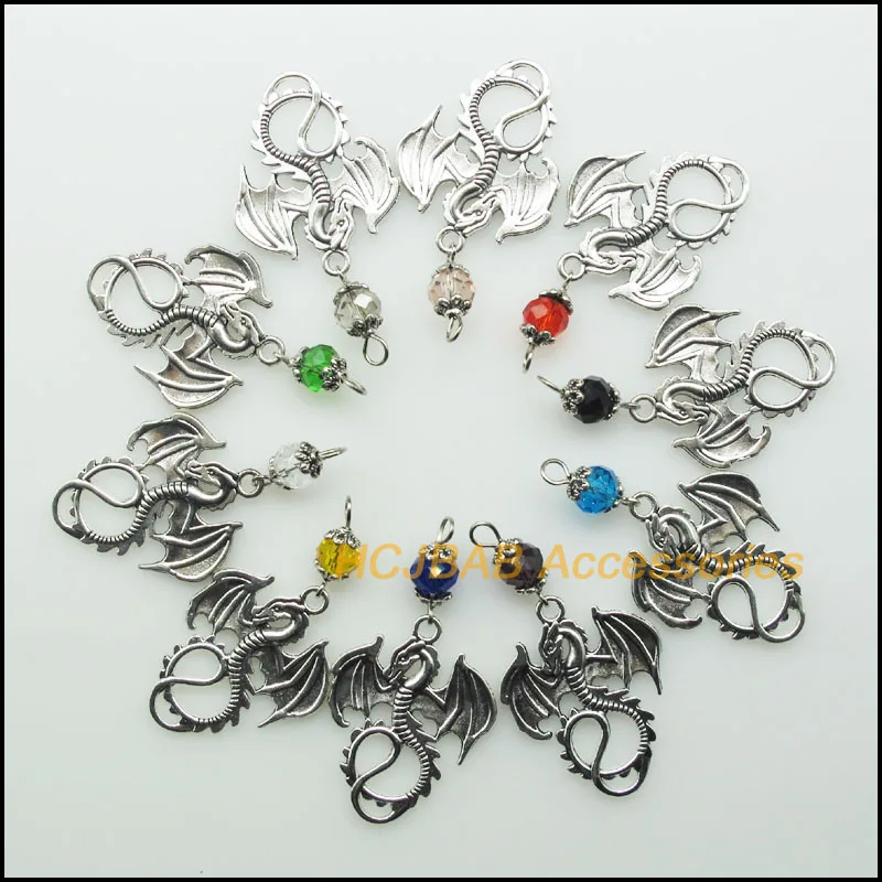 10 шт. Смешанные Круглые кристаллические античные серебряные подвески с изображением святого дракона 28x35 мм