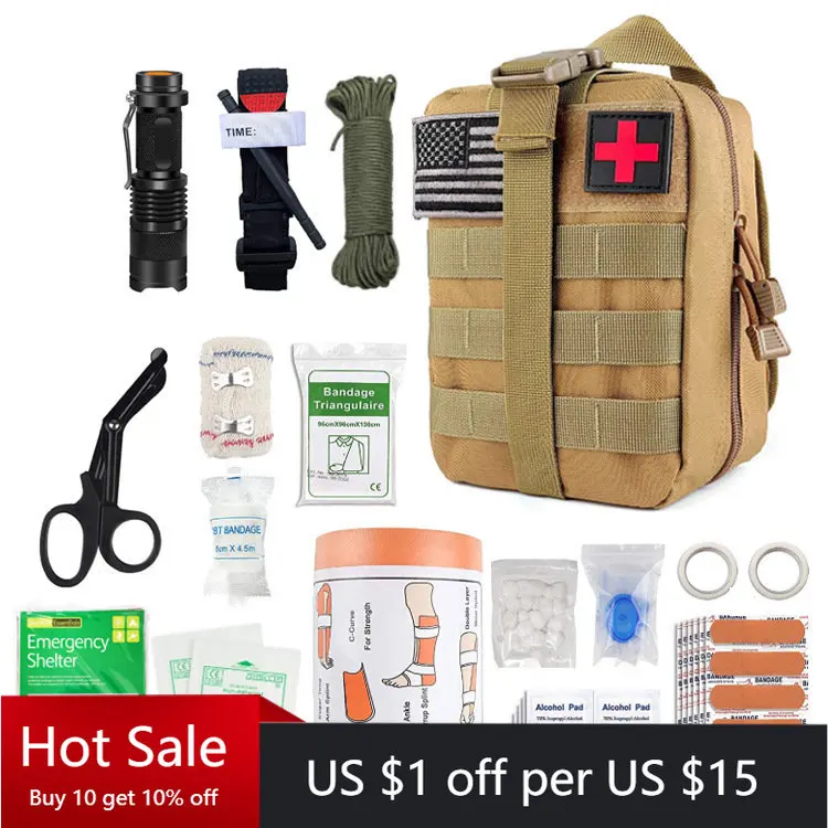 

Hot Outdoor Camping Equipment Safety Survival First Aid Kit Molle Trauma Backpack Medical Emergency Military Tourniquet Bandage