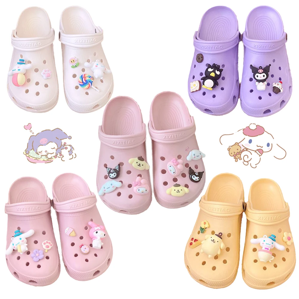 

Шлепанцы Sanrioed Cinnamoroll My Melody Kuromi Purin на толстой платформе, пляжные сандалии-слайды с отверстиями из ЭВА, мягкая подошва, милые аниме, лето