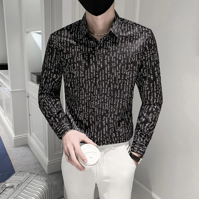 Full Letter Print Men Long Sleeve Casual Shirts 2021 Autumn Business Formal Dress Shirts Slim Fit Streetwear Social Party Blouse