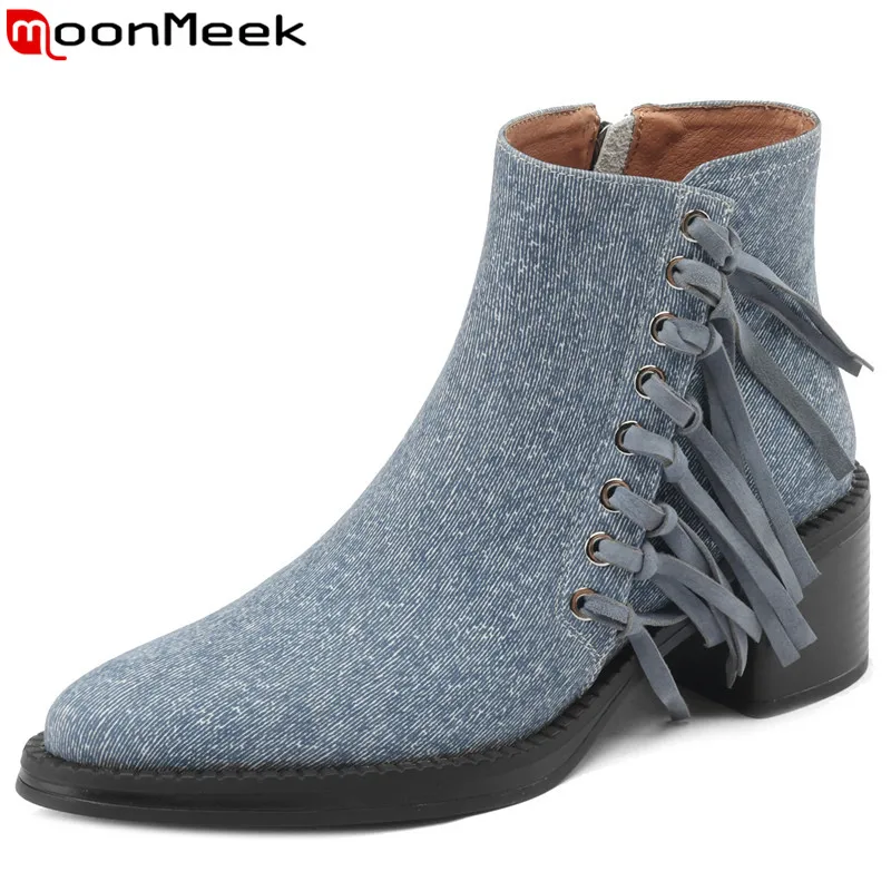 

MoonMeek 2023 New Denim Fringe Winter Boots Top Quality Ladies Pointed Toe Zipper Ankle Boots Square High Heels Platform Shoes