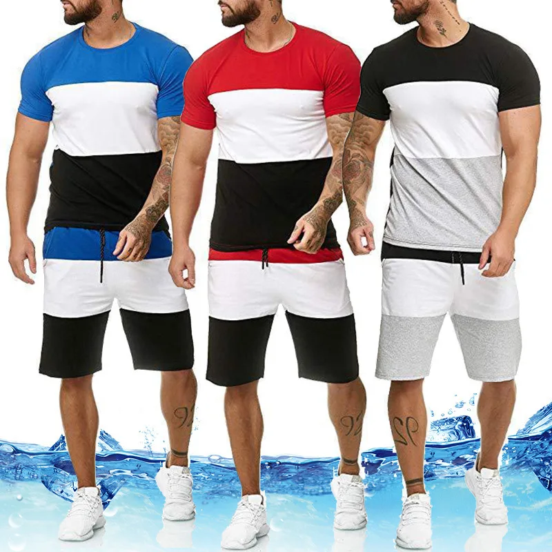 

Summer O Neck Shorts + T-Shirt 2 Piece Men's Patchwork Style Beach Swim Short Sleeve + Shorts Set Gym Casual Men's Sportswear Bl