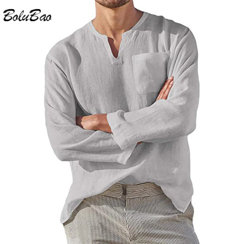 

BOLUBAO Men's Autumn New Long Sleeve T-Shirt Fashion Solid Color Casual V-Neck T-Shirt Sports Loose Pocket T-Shirt Men