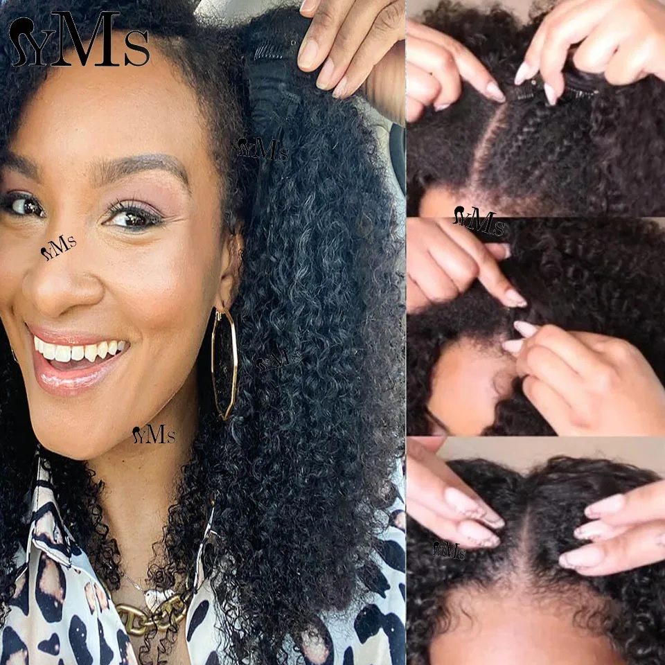

250% Custom Burmese Kinky Curly V Part Human Hair Wigs YMS Glueless Curly Middle 1x4 Inch V Part Wig For Women On Promotion