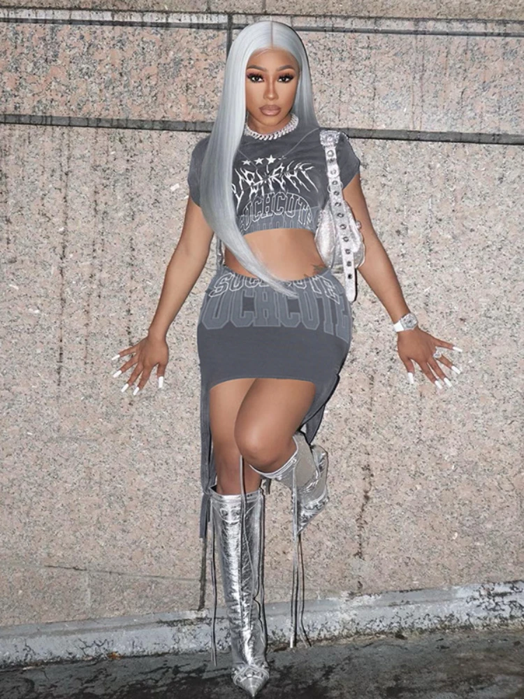 

2023 Women Two Piece Skirt Sets Crop Graphic Y2K Tees Streetwear Top 2 Pieces Set Sweatshirt Clothing Outfit Mini Dress