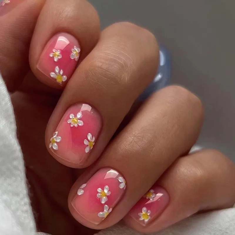 

24 шт. розовые короткие накладные ногти с цветочным дизайном, простые носимые накладные ногти с полным покрытием, искусственный пресс на ногти «сделай сам», накладные ногти
