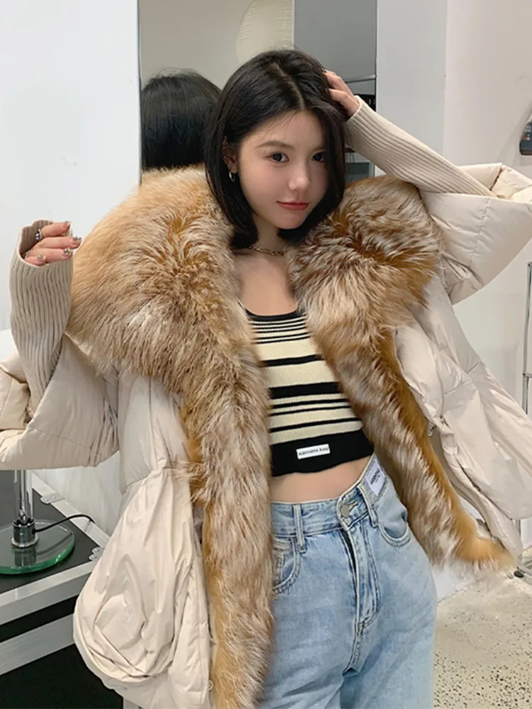 2022 New Autumn 90 Winter Goose Down Jacket Warm Women Coat Oversized Real Fox Fur Collar Thick Luxury Fashion Outerwear