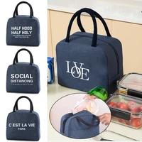 portable zipper thermal lunch bags for women child lunch box picnic food insulated bag text print fridge cooler tote bento pouch