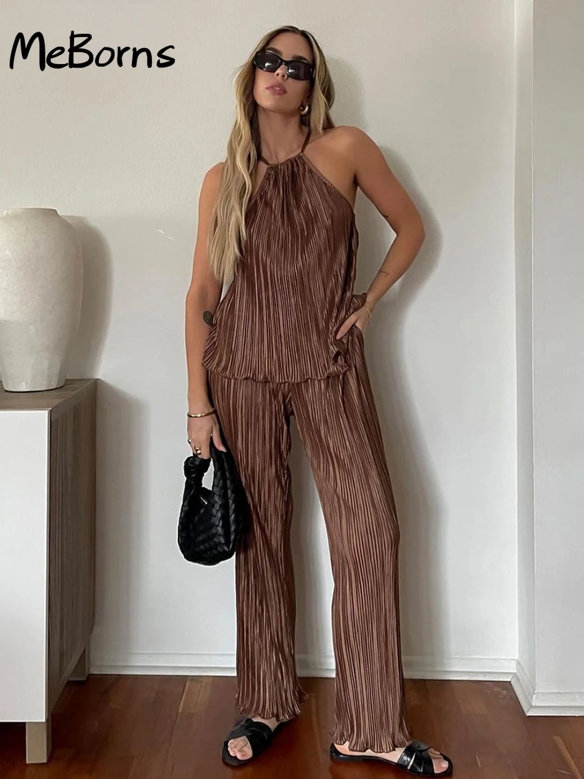 

Sexy Brown Tank Top Set Woman 2 Pieces Chic Summer Casual High Waist Pants Set Female Elegnat Slim Pleated Trouser Suits