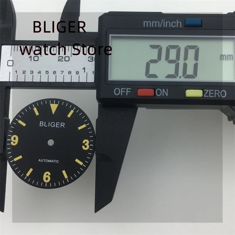 BLIGER 29mm Watch Dial Yellow Marks Green Luminous Fit NH35 NH36 ETA2824 2836 Miyota 8215 821A DG2813 3804 Movement enlarge