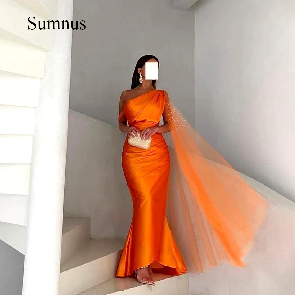 

Sumnus Orange One Shoulder Mermaid Evening Dresses Cape Sleeve Ruched Satin Dubai Formal Gowns Floor Length Robe de Soiree