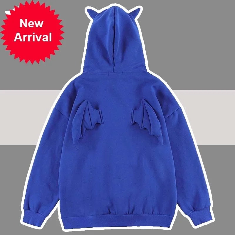 

Horns Wing Hoodies Demon Men Women Solid Color Fleece Hooded Pullovers Soft Cozy Tops Hip Hop Loose Casual Street Sweatshirt